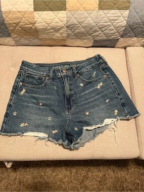 American Eagle Outfitters Blue Denim Daisy Embroidered High-Rise Shorts
